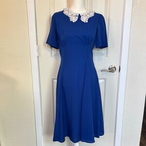 Vintage Style Royal Blue Swing Dress with Lace Collar